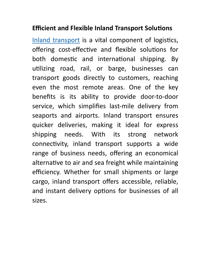 efficient and flexible inland transport solu ons n.w