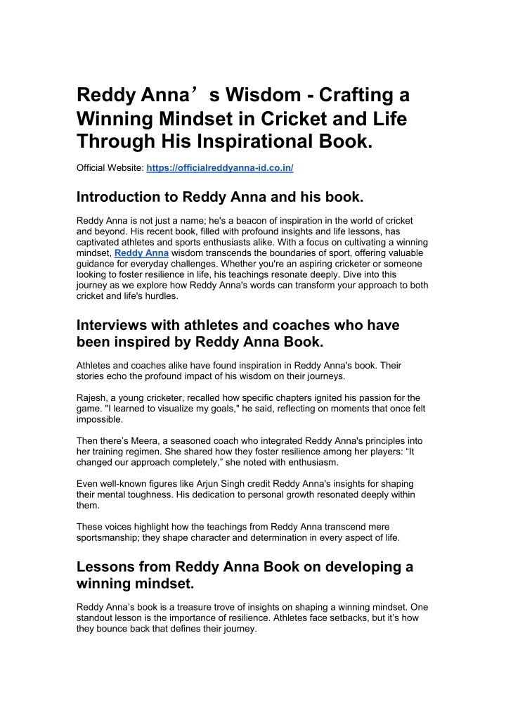 reddy anna winning mindset in cricket and life n.w