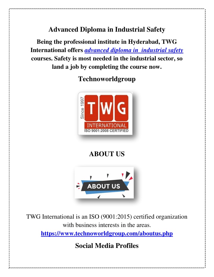 advanced diploma in industrial safety n.w
