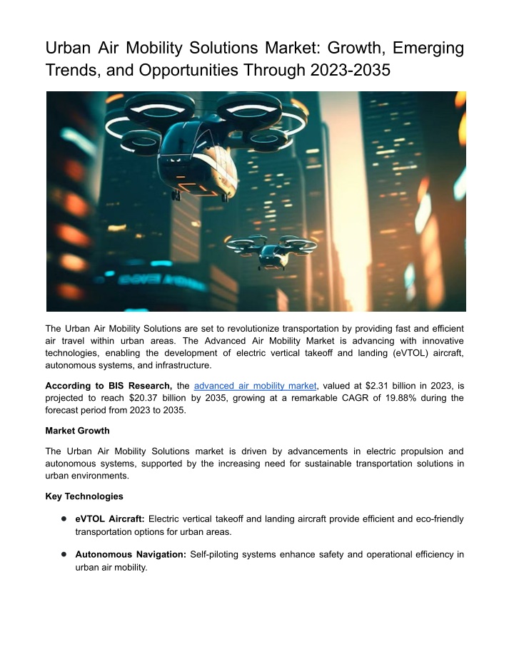 urban air mobility solutions market growth n.w