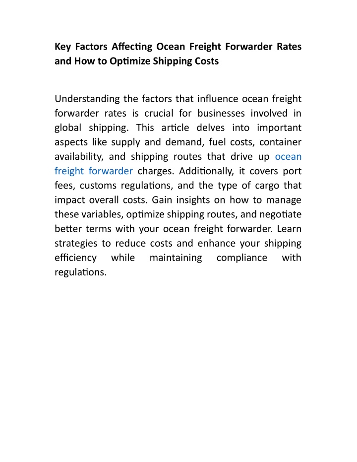 key factors affec ng ocean freight forwarder n.w