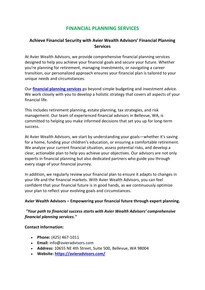 financial planning services n.w