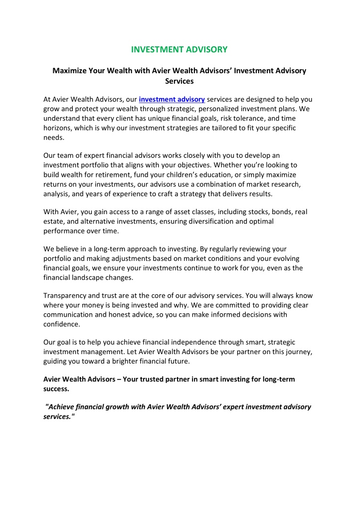 investment advisory n.w