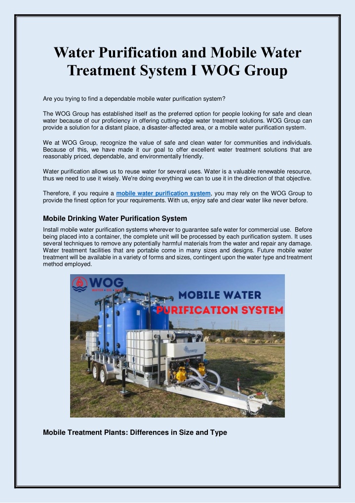 water purification and mobile water treatment n.w