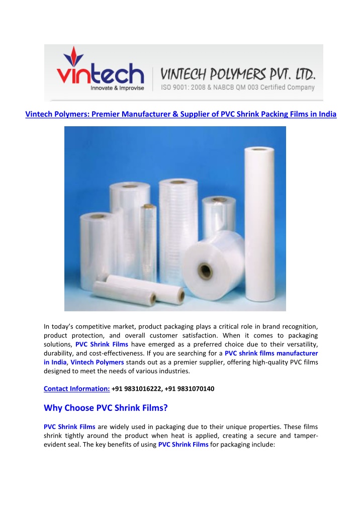 vintech polymers premier manufacturer supplier n.w