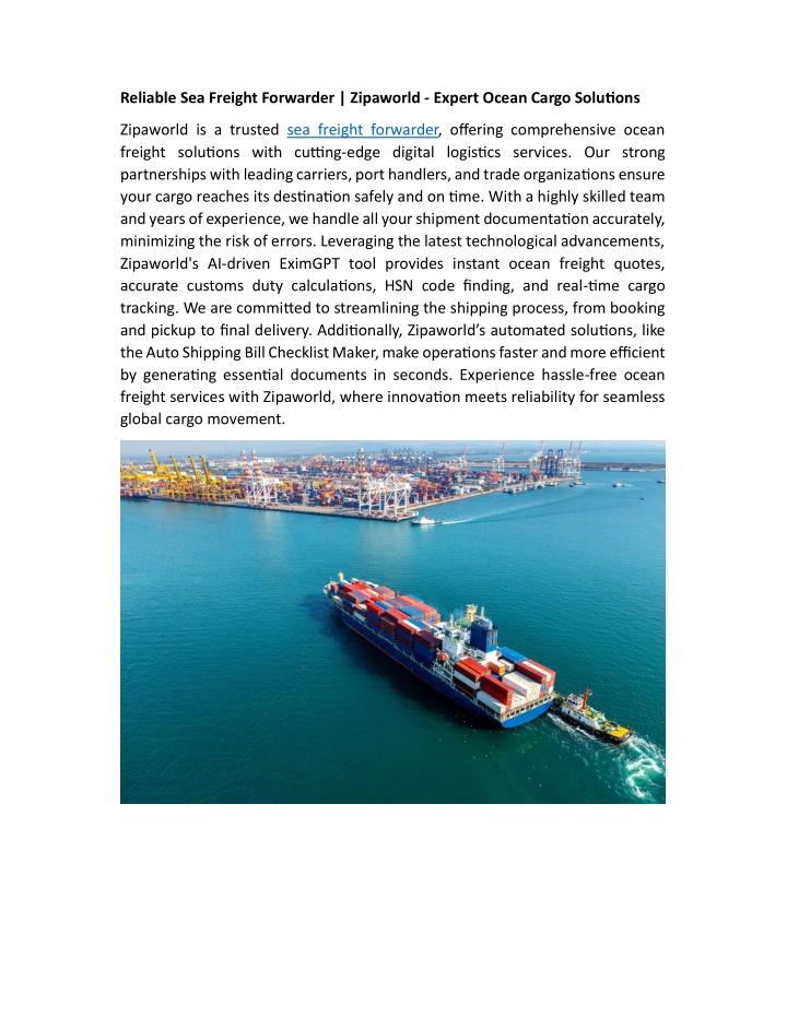 reliable sea freight forwarder zipaworld expert n.w