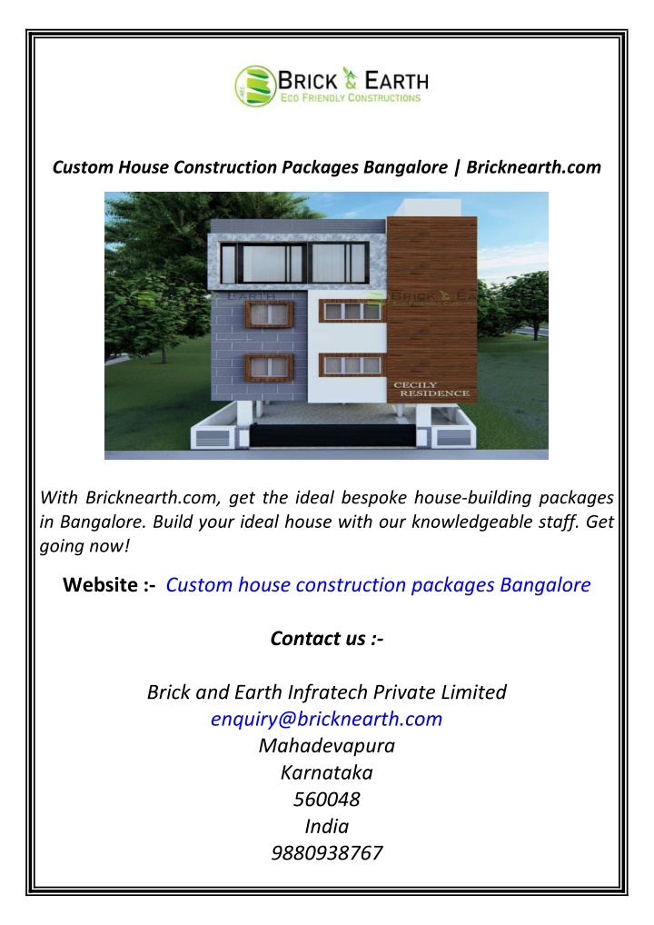 custom house construction packages bangalore n.w