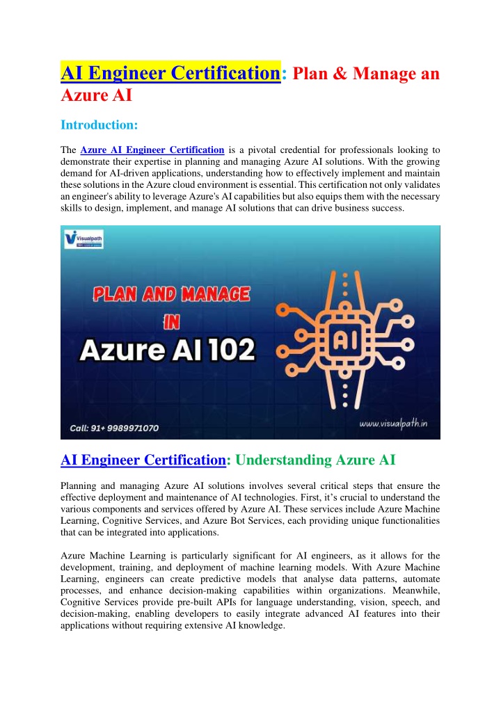 ai engineer certification plan manage an azure ai n.w