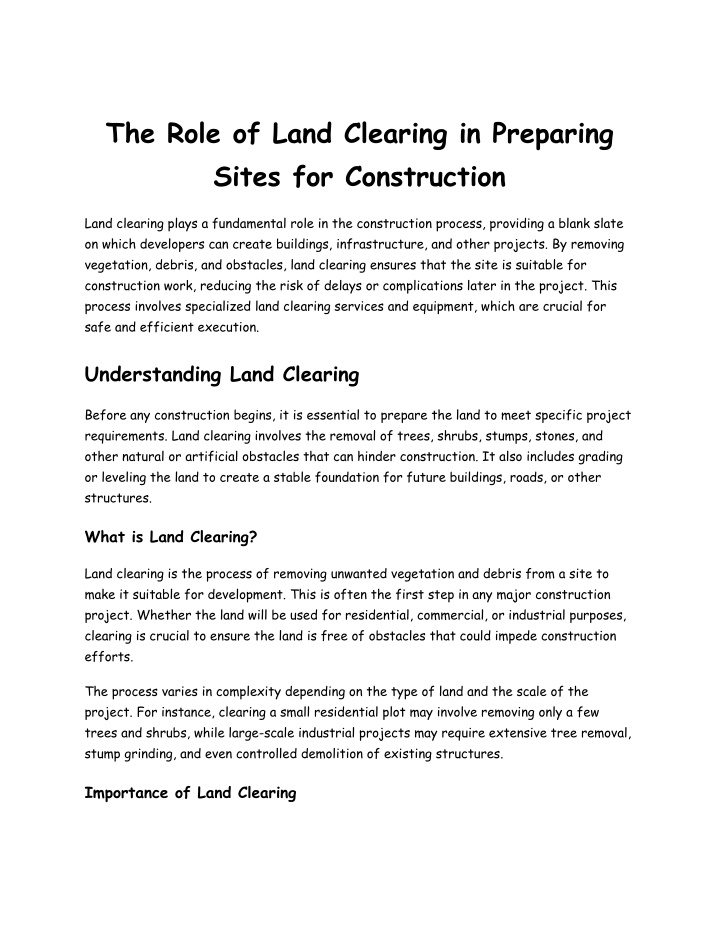 the role of land clearing in preparing sites n.w