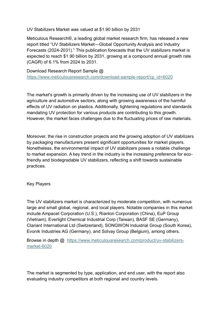 uv stabilizers market was valued at 1 90 billion n.w