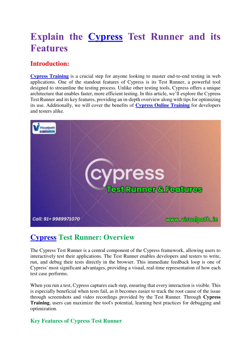 explain the cypress test runner and its features l.w