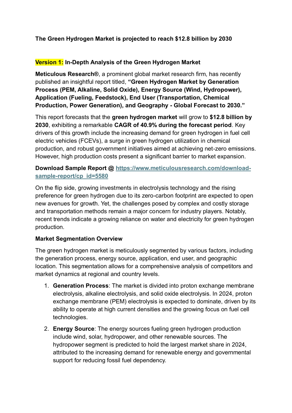 the green hydrogen market is projected to reach l.w