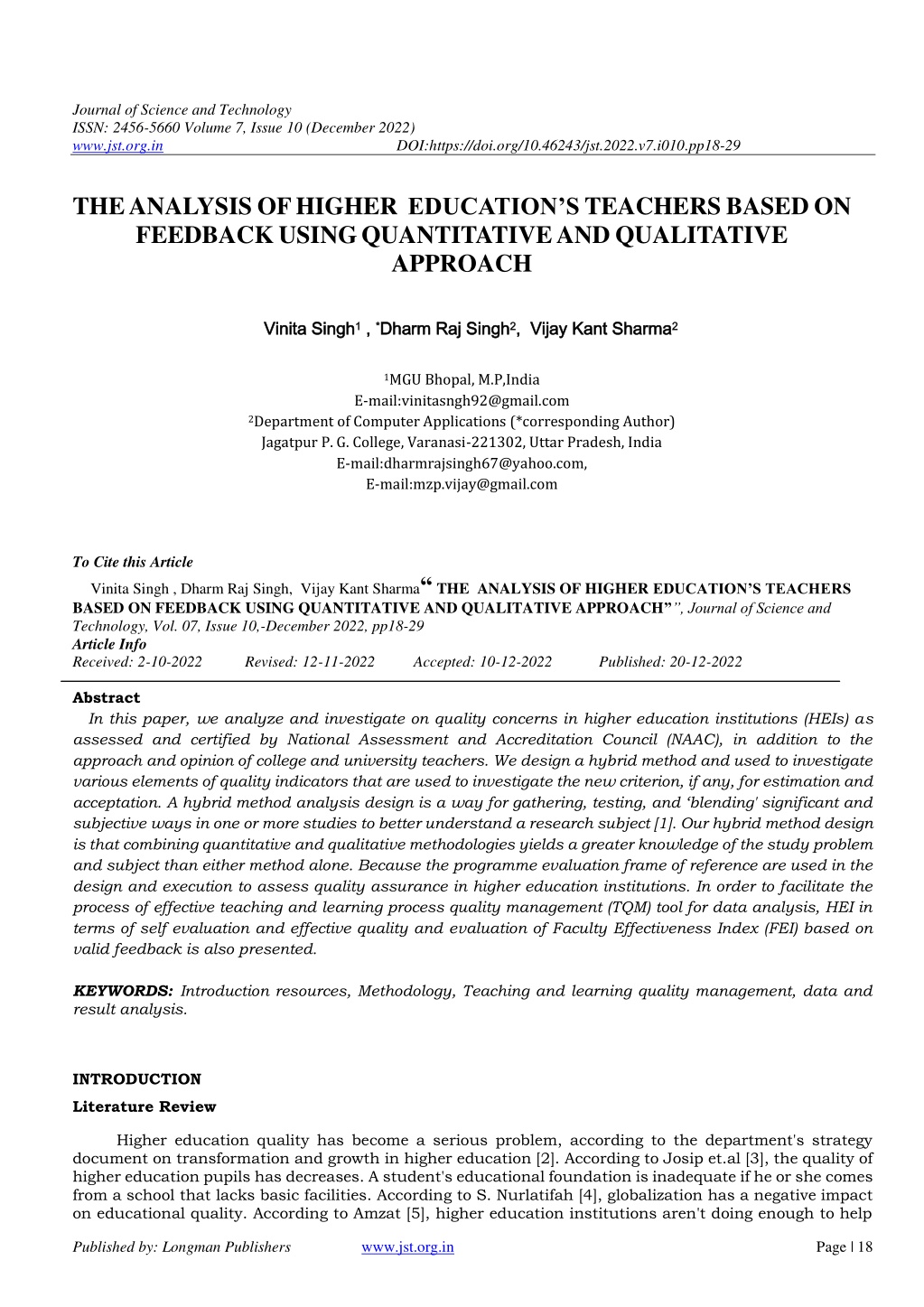 journal of science and technology issn 2456 5660 l.w