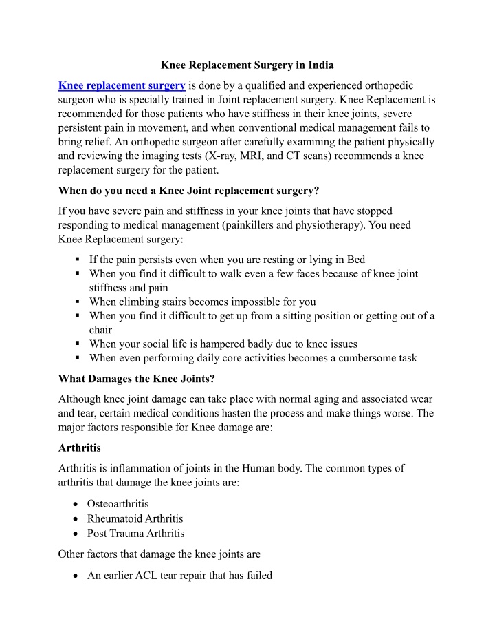 knee replacement surgery in india n.w