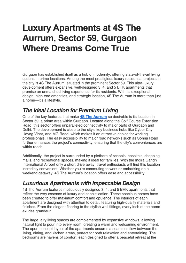 luxury apartments at 4s the aurrum sector n.w