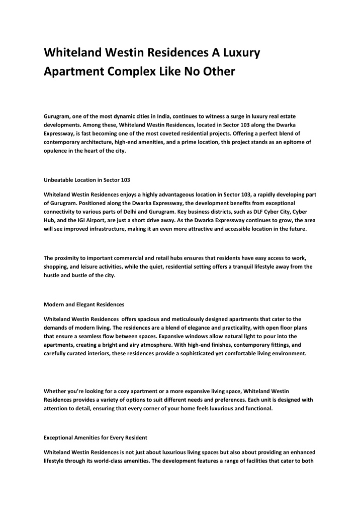 whiteland westin residences a luxury apartment n.w