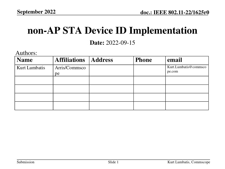 IEEE 802.11-22/1625r0 Non-AP STA Device ID Implementation