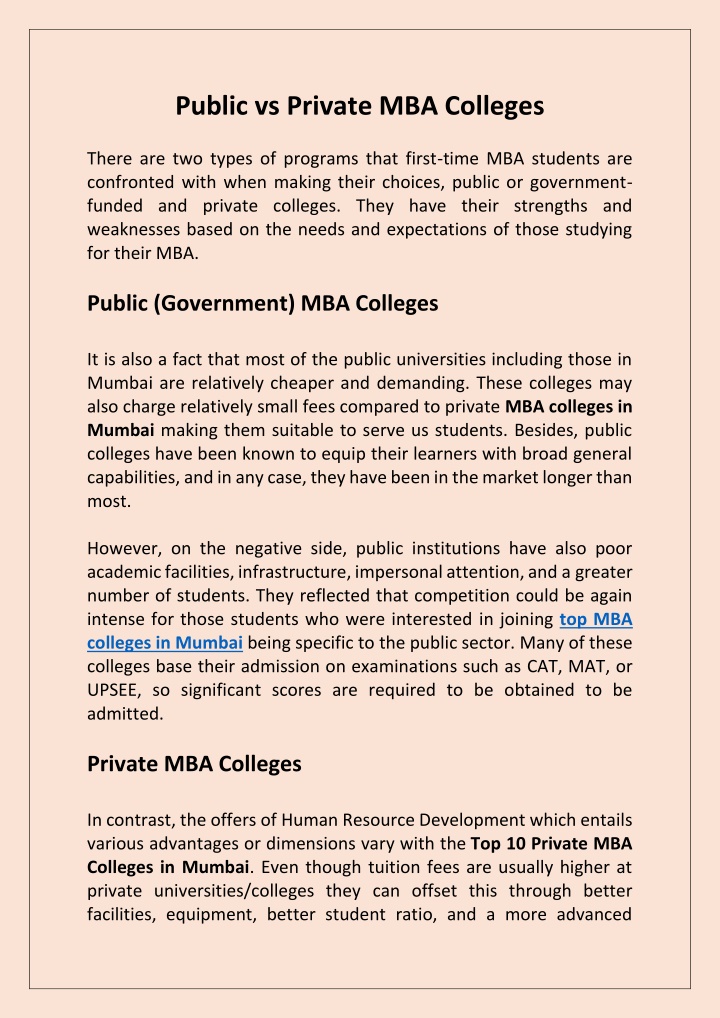 public vs private mba colleges n.w
