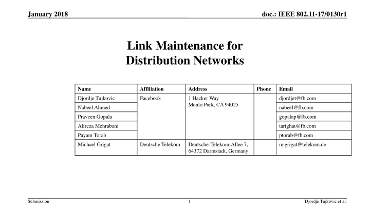 IEEE 802.11-17/0130r1 Link Maintenance for Distribution Networks Overview