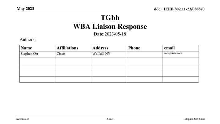 IEEE 802.11-23/0888r0: TGbh WBA Liaison Response