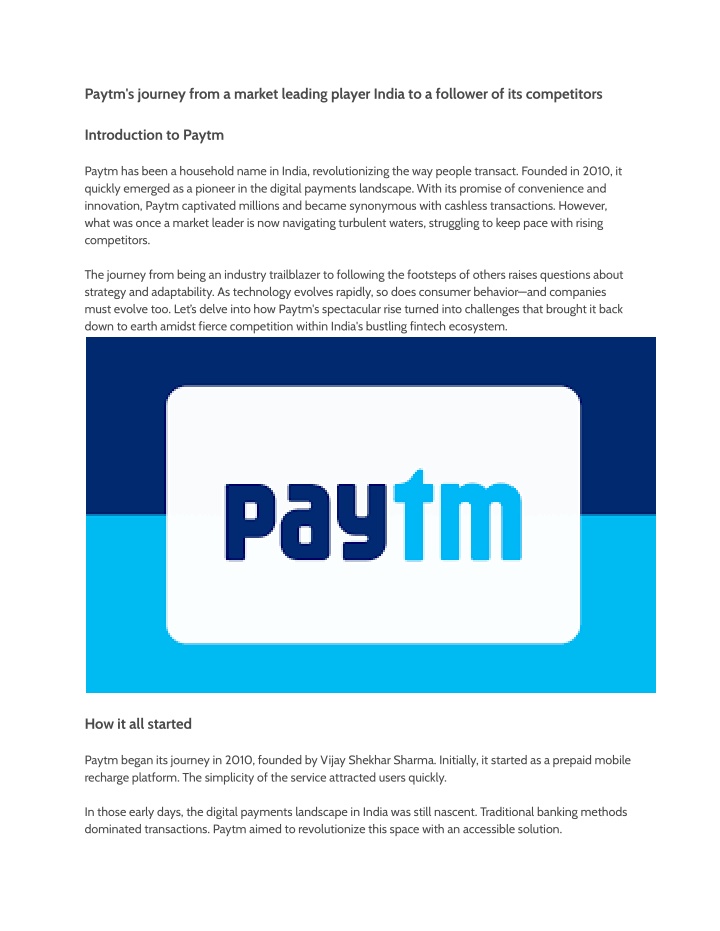 paytm s journey from a market leading player n.w