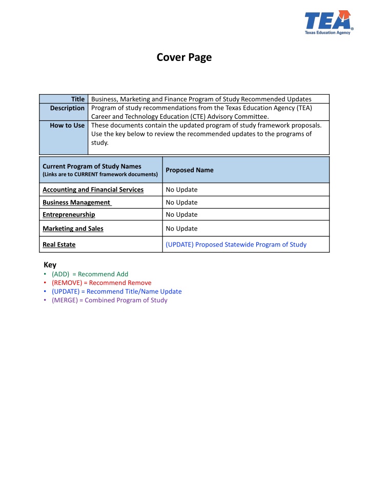 Recommended Updates for Business, Marketing, and Finance Program of Study