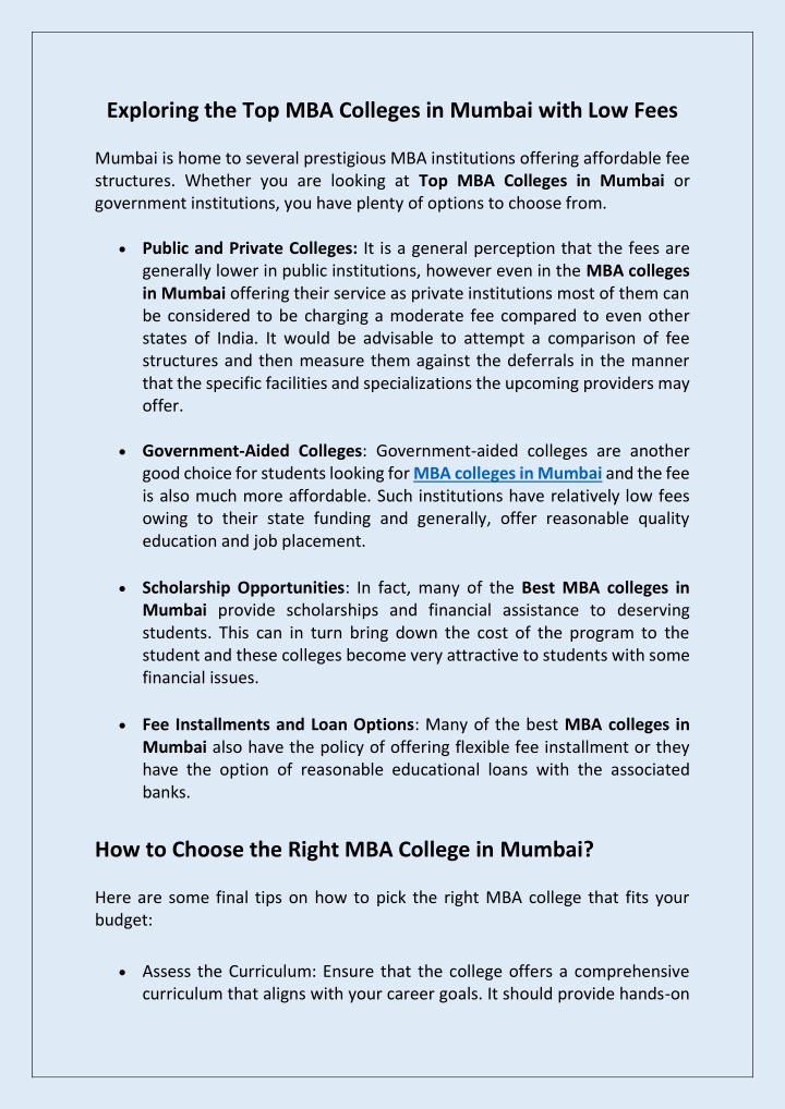 exploring the top mba colleges in mumbai with n.w