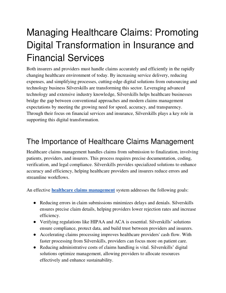 managing healthcare claims promoting digital n.w