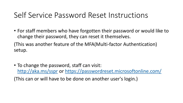 Self-Service Password Reset Instructions for Staff Members