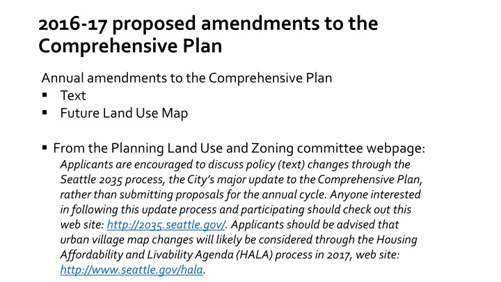 Proposed Amendments to Seattle's Comprehensive Plan 2016-17 Process Overview