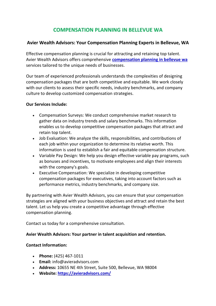 compensation planning in bellevue wa n.w