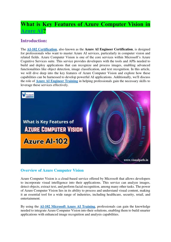 what is key features of azure computer vision n.w