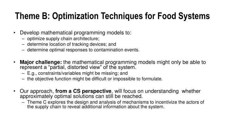Optimization Techniques for Food Systems: Challenges and Approaches