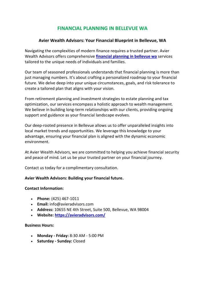 financial planning in bellevue wa n.w