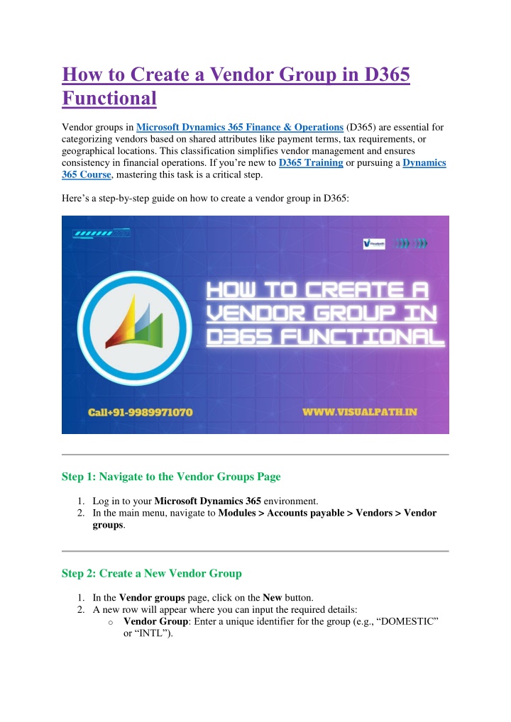 how to create a vendor group in d365 functional n.w