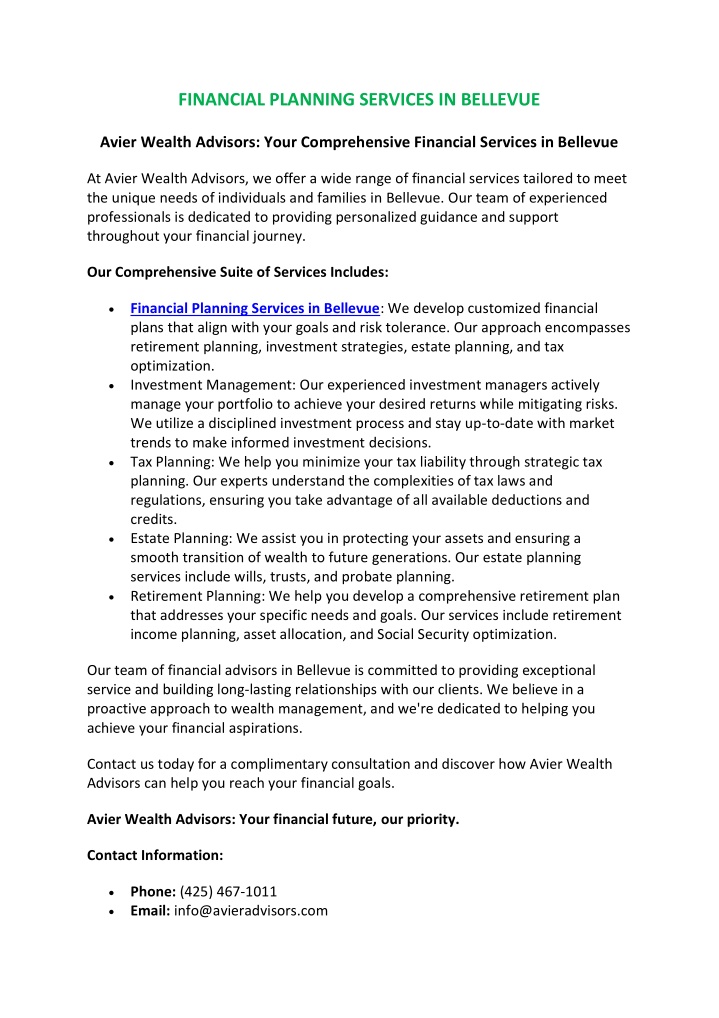 financial planning services in bellevue n.w