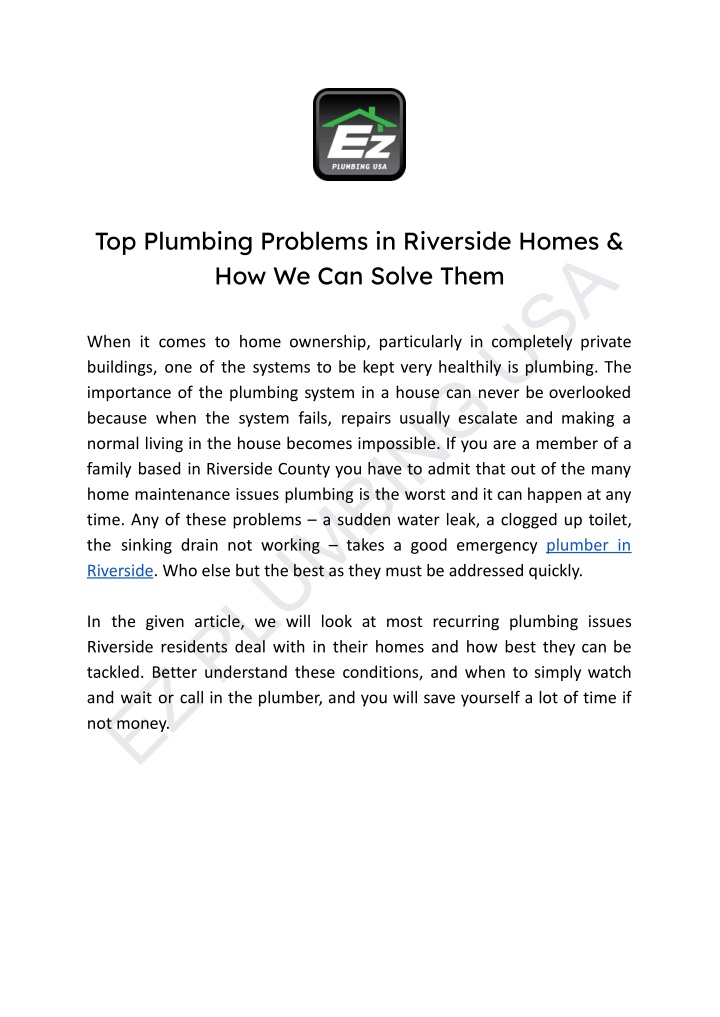 top plumbing problems in riverside homes n.w