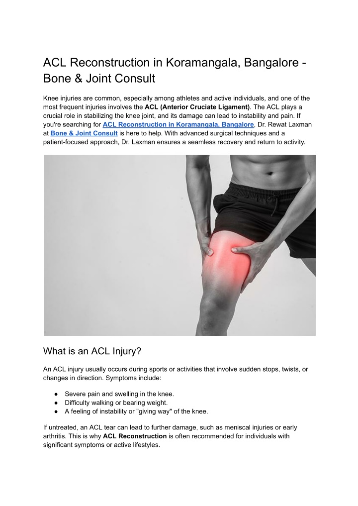acl reconstruction in koramangala bangalore bone n.w