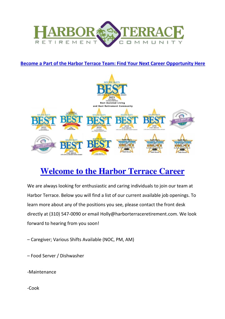 become a part of the harbor terrace team find n.w
