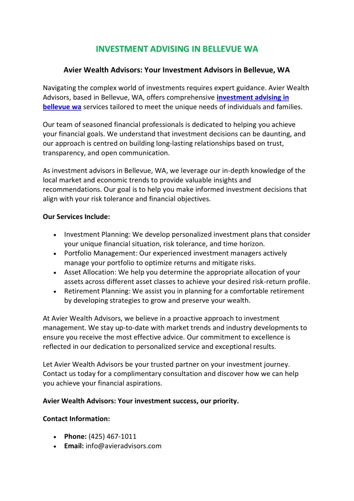 investment advising in bellevue wa n.w
