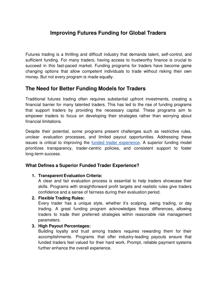 Improving Futures Funding for Global Traders