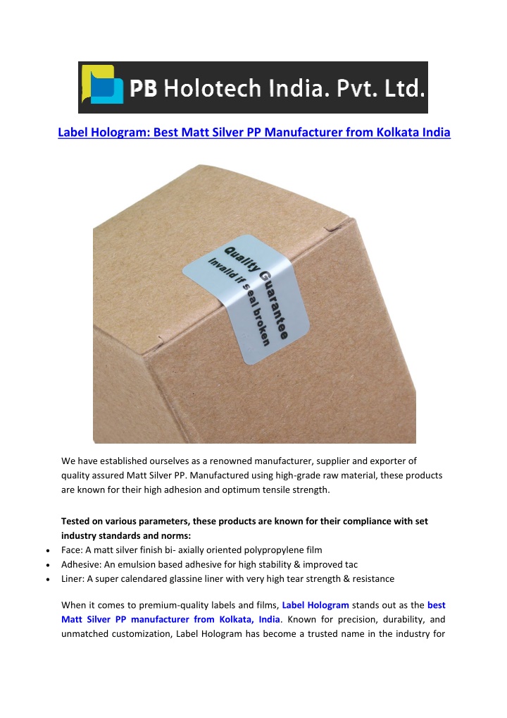 label hologram best matt silver pp manufacturer n.w