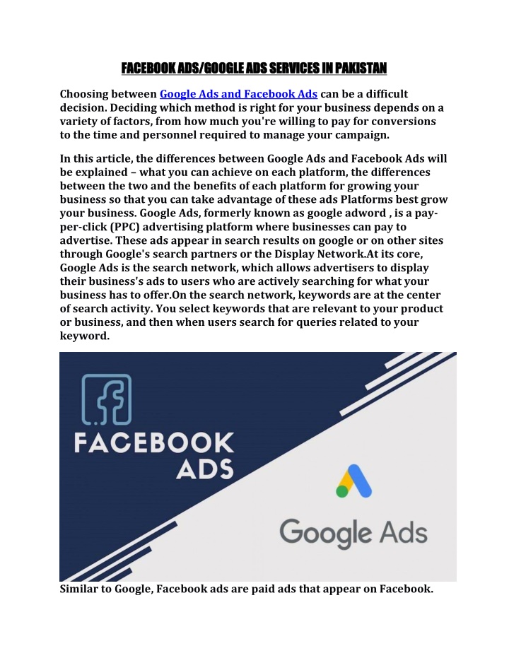 facebook ads google ads services in pakistan n.w