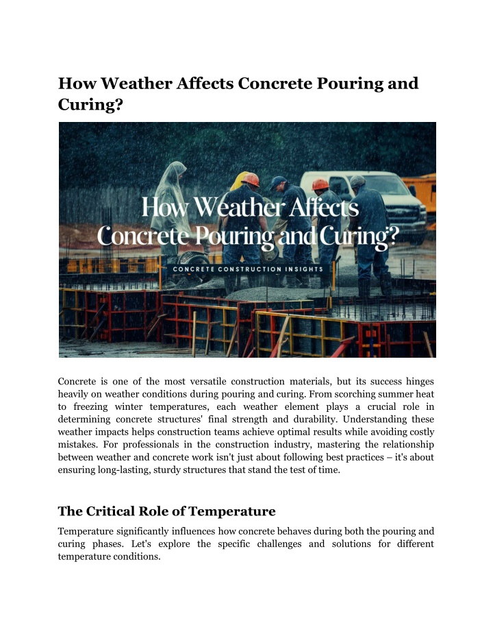 how weather affects concrete pouring and curing n.w