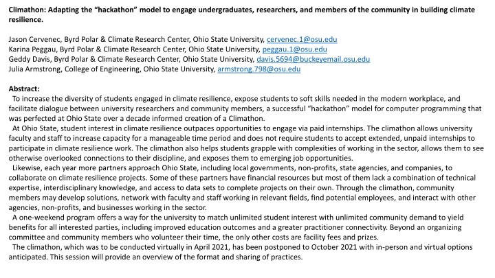 Engaging Students and Community in Climate Resilience through Climathon