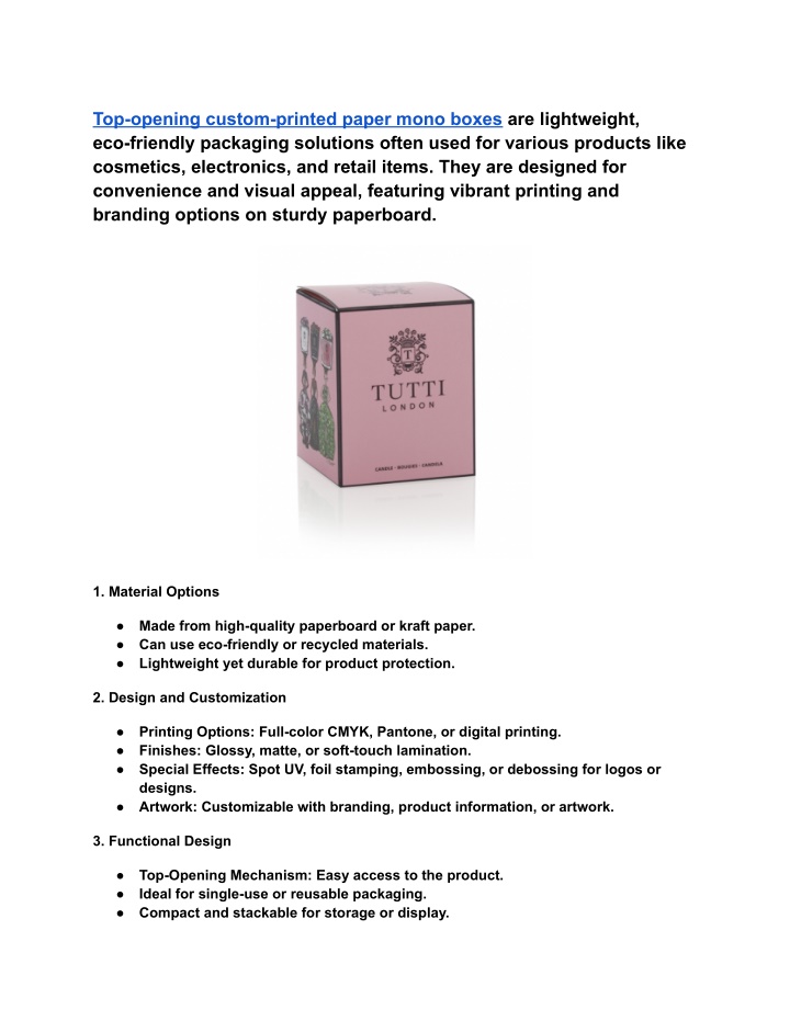 top opening custom printed paper mono boxes n.w