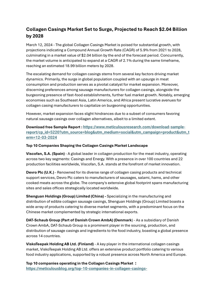 collagen casings market set to surge projected n.w
