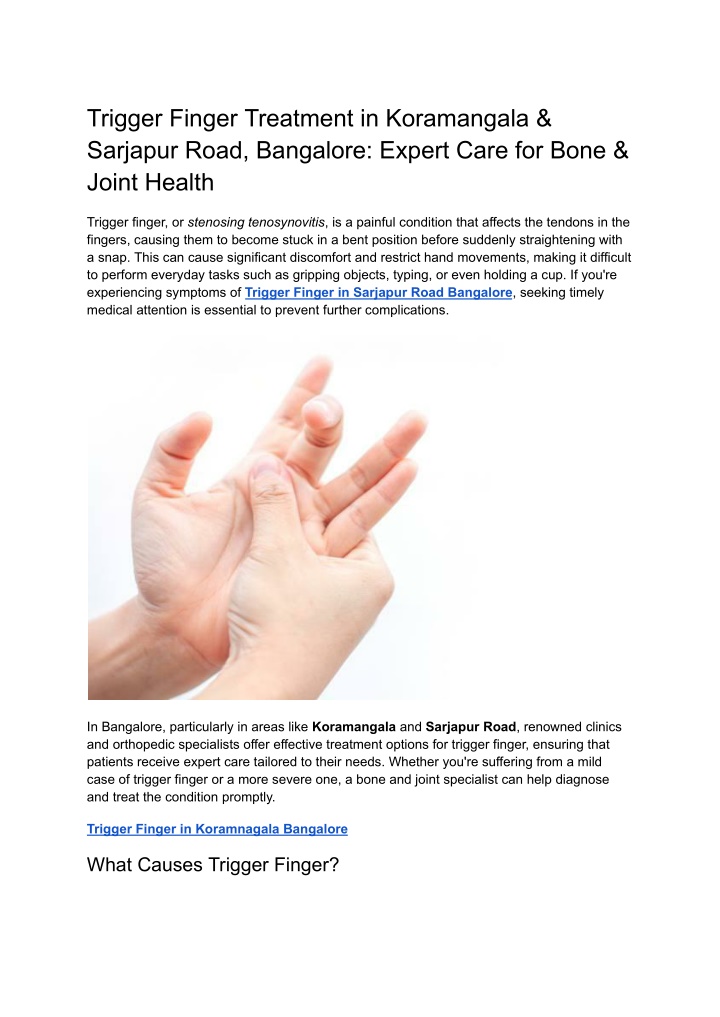 trigger finger treatment in koramangala sarjapur n.w
