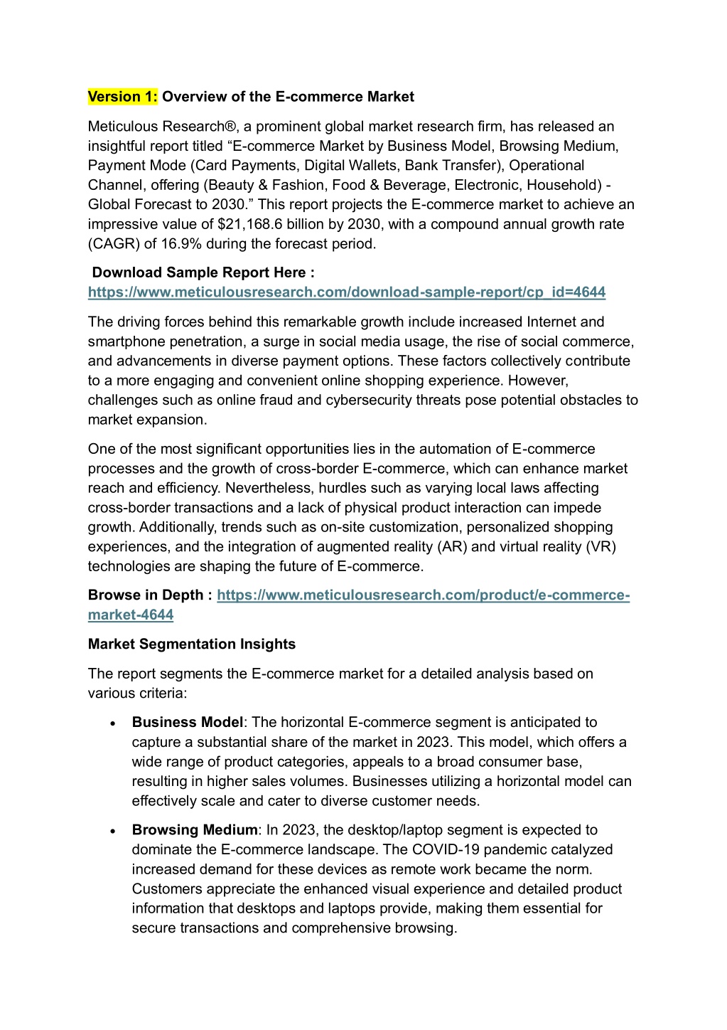 version 1 overview of the e commerce market l.w