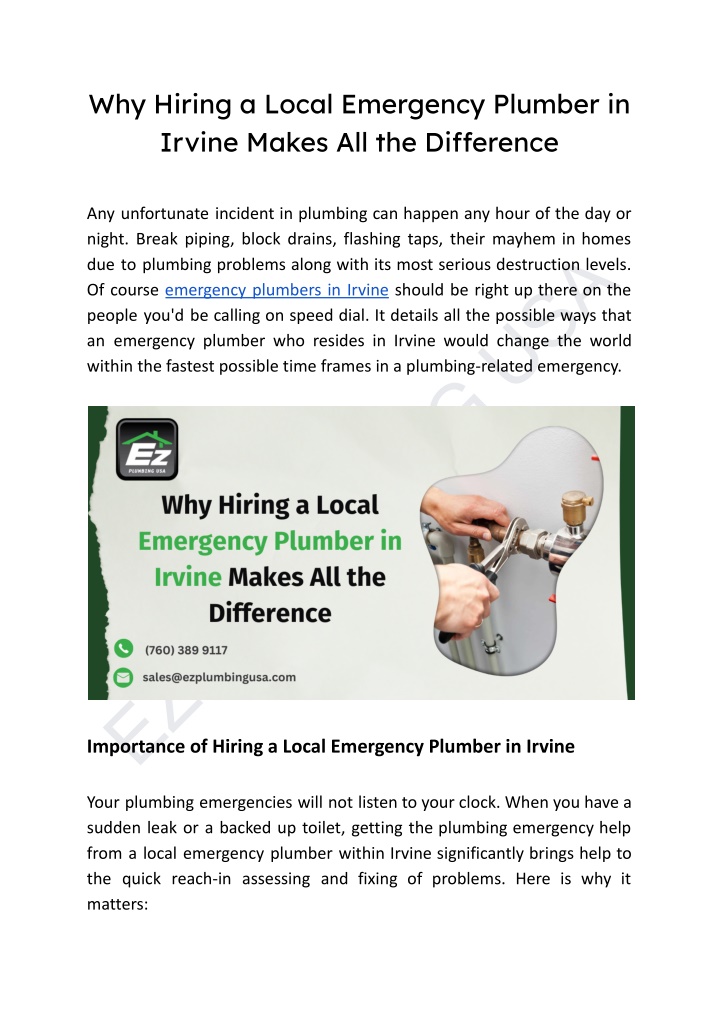 why hiring a local emergency plumber in irvine n.w